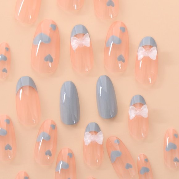 🎀💙NEW Luxury Heart Bow 3D Design Oval Long Light Blue Nails - 24 pcs 💙🎀 - Picture 4 of 5